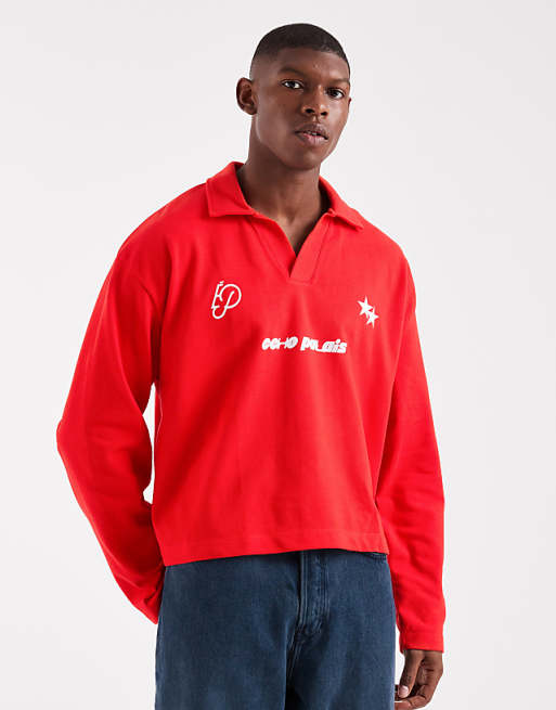 ASOS DESIGN heavyweight boxy oversized long sleeve polo with dropped shoulder and sports graphic in red pique