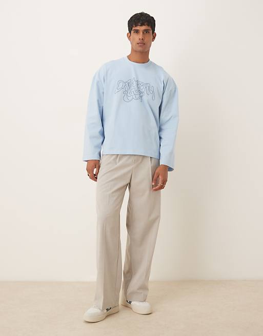 ASOS DESIGN Heavyweight Boxy Oversized Long Sleeve T-shirt With Dropped Shoulder And Embroidered Text In Blue
