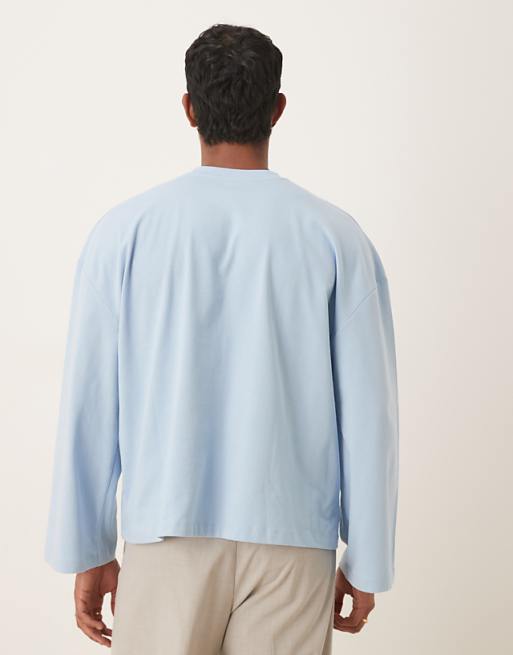 ASOS DESIGN Heavyweight Boxy Oversized Long Sleeve T-shirt With Dropped Shoulder And Embroidered Text In Blue