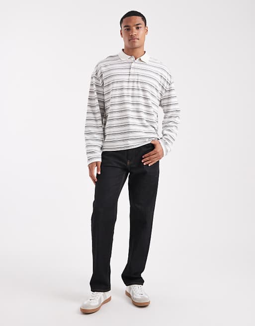 ASOS DESIGN Heavyweight Boxy Oversized Long Sleeve Polo In Neutral Textured Stripe