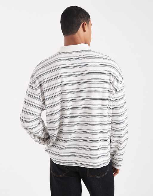 ASOS DESIGN Heavyweight Boxy Oversized Long Sleeve Polo In Neutral Textured Stripe