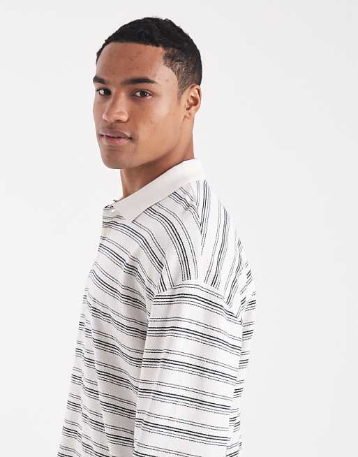 ASOS DESIGN Heavyweight Boxy Oversized Long Sleeve Polo In Neutral Textured Stripe
