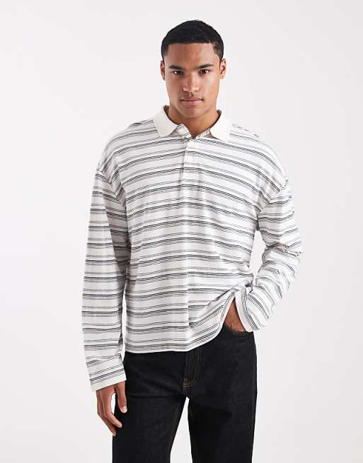 ASOS DESIGN heavyweight boxy oversized long sleeve polo in neutral textured stripe