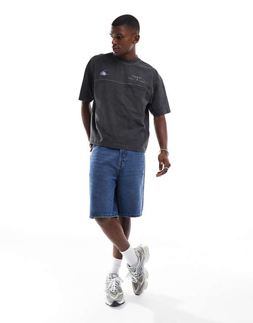 ASOS DESIGN Heavyweight Boxy Oversized T-shirt In Washed Black With Pocket And Sports Graphic