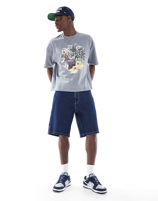 ASOS DESIGN Heavyweight Boxy Oversized T-shirt In Light Washed Grey With High Summer Graphic