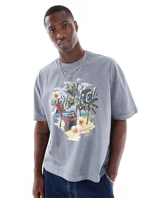 ASOS DESIGN heavyweight boxy oversized t-shirt in light washed grey with high summer graphic