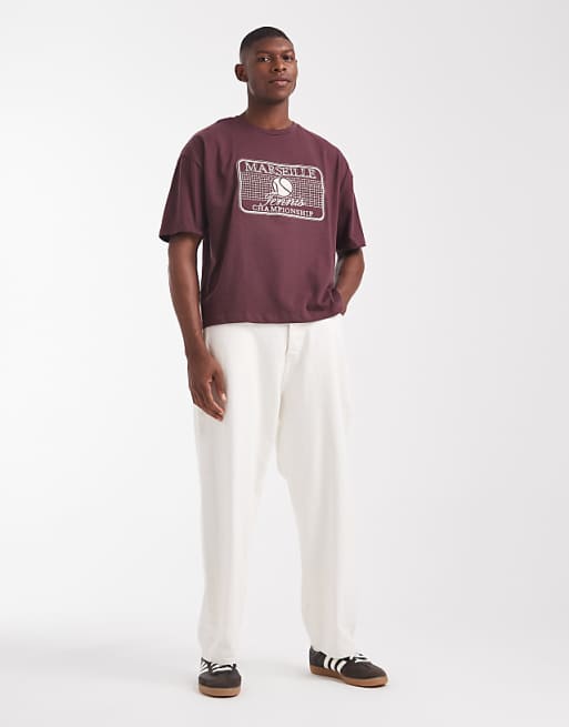 ASOS DESIGN Heavyweight Boxy Oversized T-shirt With Sport Embroidery In Burgundy