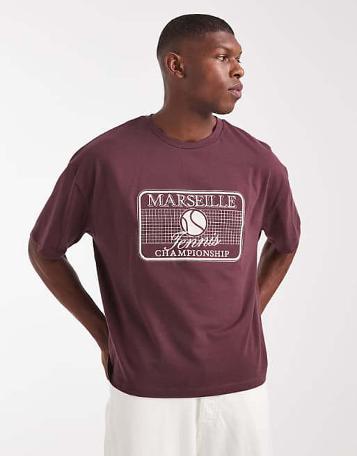 ASOS DESIGN heavyweight boxy oversized t-shirt with sport embroidery in burgundy