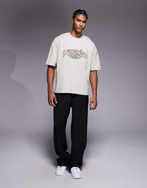ASOS DESIGN Heavyweight Boxy Oversized T-shirt With Dropped Shoulder And Text Embroidery In Beige Pique