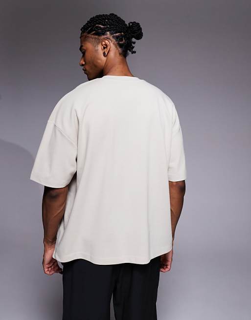 ASOS DESIGN Heavyweight Boxy Oversized T-shirt With Dropped Shoulder And Text Embroidery In Beige Pique