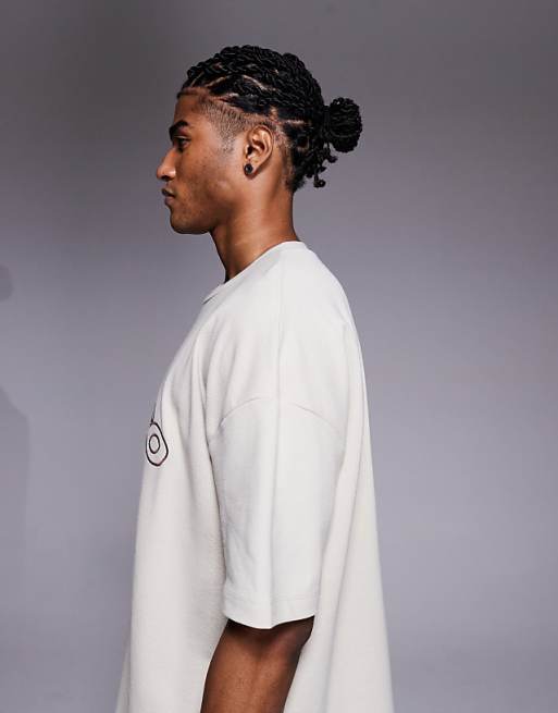 ASOS DESIGN Heavyweight Boxy Oversized T-shirt With Dropped Shoulder And Text Embroidery In Beige Pique