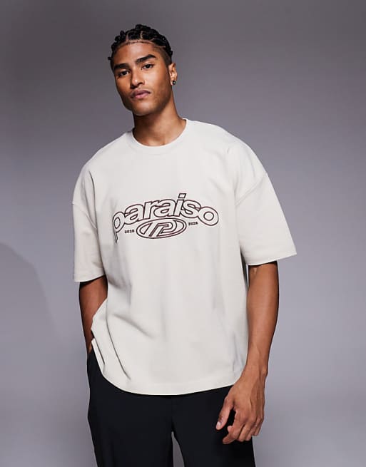 ASOS DESIGN heavyweight boxy oversized t-shirt with dropped shoulder and text embroidery in beige pique