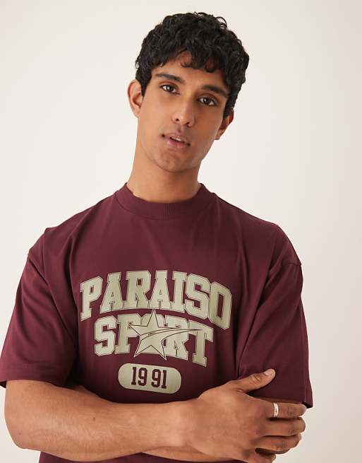 ASOS DESIGN Heavyweight Boxy Oversized T-shirt With Print In Burgundy