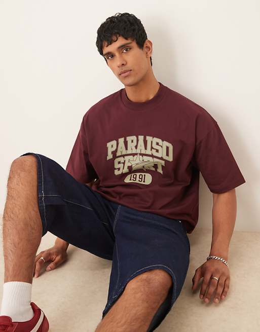 ASOS DESIGN heavyweight boxy oversized t-shirt with print in burgundy