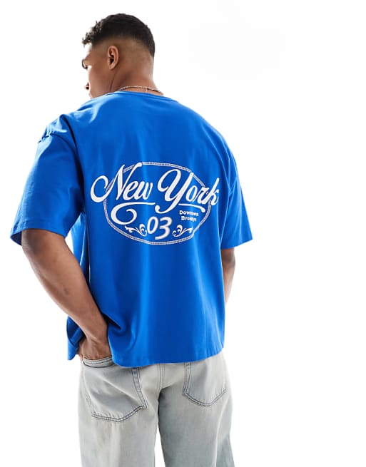 ASOS DESIGN heavyweight boxy oversized t-shirt with city graphic in blue