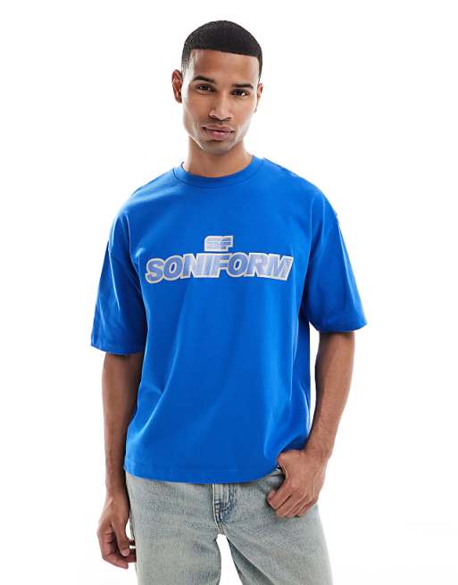 ASOS DESIGN heavyweight boxy oversized t-shirt with front graphic in blue