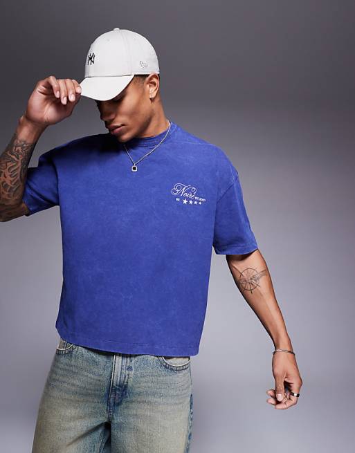 ASOS DESIGN Heavyweight Boxy Oversized T-shirt With Text Graphic In Washed Blue