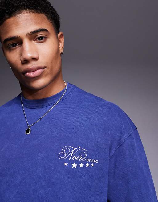 ASOS DESIGN Heavyweight Boxy Oversized T-shirt With Text Graphic In Washed Blue
