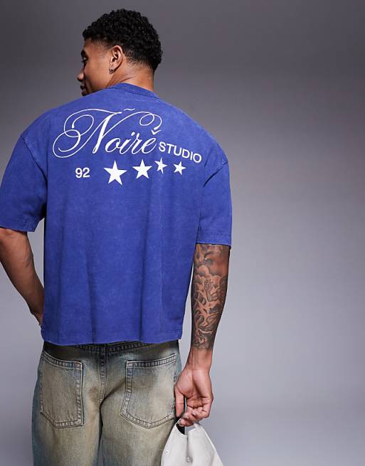 ASOS DESIGN heavyweight boxy oversized t-shirt with text graphic in washed blue