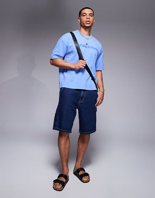 ASOS DESIGN Heavyweight Boxy Oversized T-shirt With Text Embroidery In Washed Blue