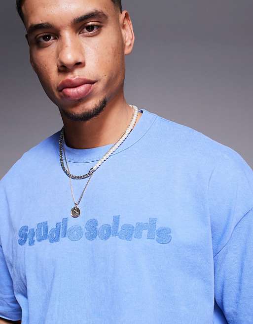 ASOS DESIGN Heavyweight Boxy Oversized T-shirt With Text Embroidery In Washed Blue