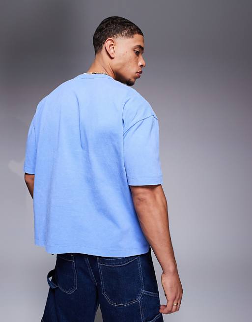 ASOS DESIGN Heavyweight Boxy Oversized T-shirt With Text Embroidery In Washed Blue