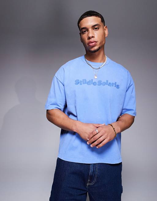 ASOS DESIGN heavyweight boxy oversized t-shirt with text embroidery in washed blue