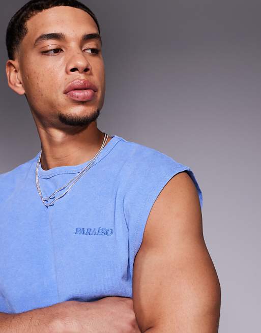 ASOS DESIGN Heavyweight Boxy Oversized Tank With Text Graphic In Washed Blue