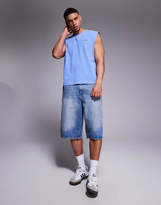 ASOS DESIGN Heavyweight Boxy Oversized Tank With Text Graphic In Washed Blue