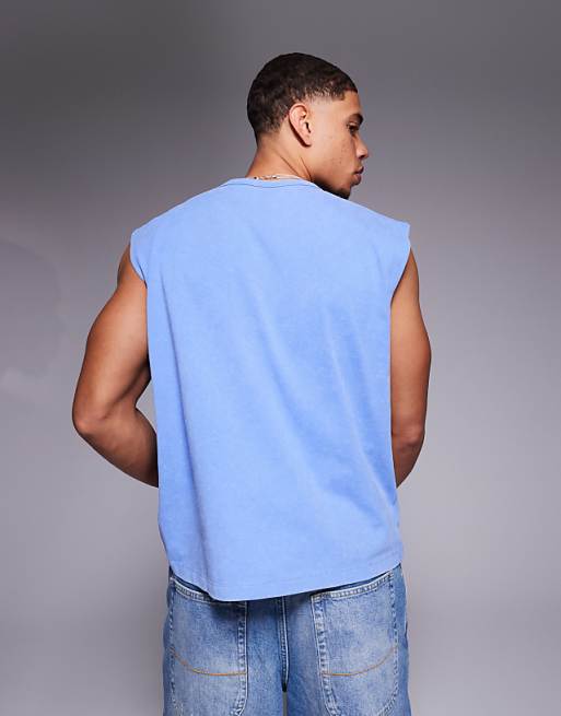 ASOS DESIGN Heavyweight Boxy Oversized Tank With Text Graphic In Washed Blue