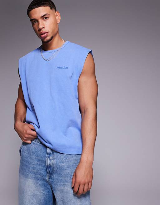ASOS DESIGN heavyweight boxy oversized tank with text graphic in washed blue