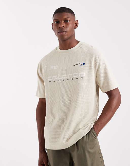 ASOS DESIGN heavyweight boxy raglan t-shirt with sports graphic in beige waffle texture