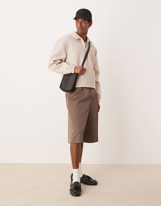 ASOS DESIGN Heavyweight Boxy Relaxed Quarter Zip Sweatshirt In Scuba-style Fabric In Beige