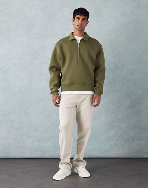 ASOS DESIGN Heavyweight Boxy Relaxed Quarter Zip Sweatshirt With Collar In Scuba-style Fabric In Khaki