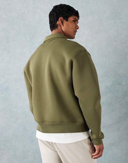 ASOS DESIGN Heavyweight Boxy Relaxed Quarter Zip Sweatshirt With Collar In Scuba-style Fabric In Khaki