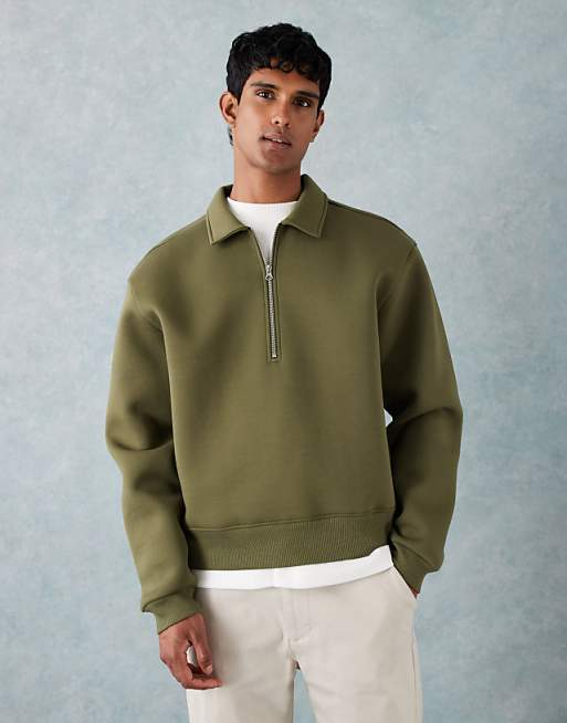 ASOS DESIGN heavyweight boxy relaxed quarter zip sweatshirt with collar in scuba-style fabric in khaki
