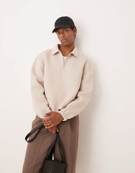 ASOS DESIGN heavyweight boxy relaxed quarter zip sweatshirt in scuba-style fabric in beige