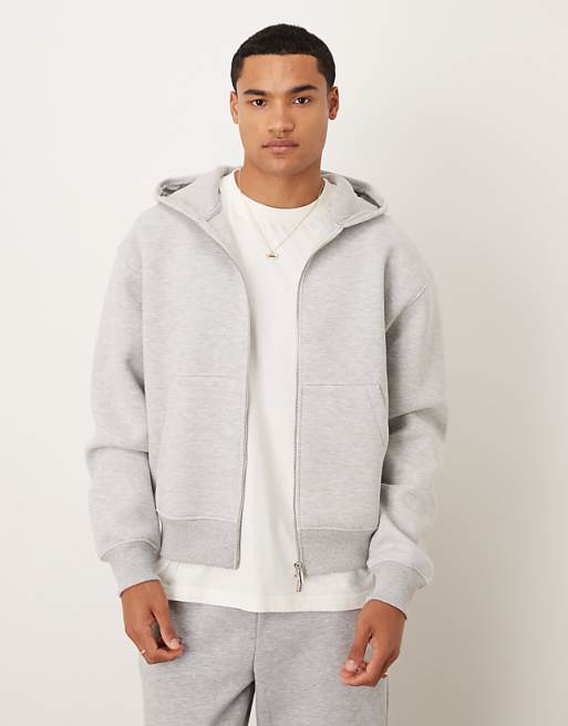 ASOS DESIGN heavyweight boxy relaxed zip through hoodie in scuba-style fabric in ice marl