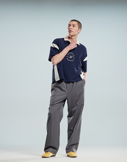 ASOS DESIGN Heavyweight Boxy Waffle Texture Oversized Polo With Panelling And Chest Print In Navy
