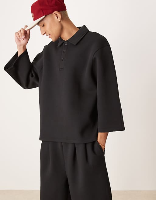 ASOS DESIGN heavyweight co-ord relaxed 3/4 sleeve polo top in scuba-style fabric in black