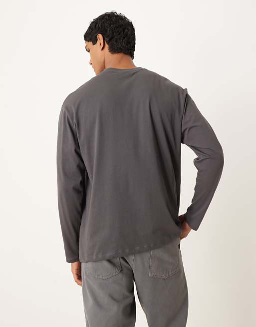 ASOS DESIGN Heavyweight Long Sleeve Relaxed T-shirt With Print In Charcoal
