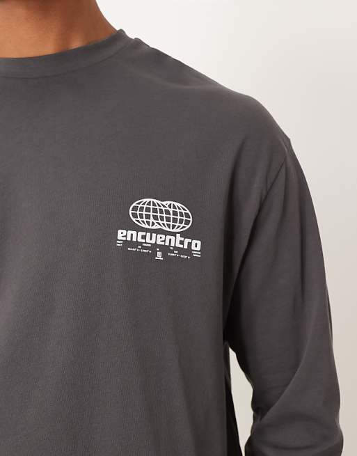 ASOS DESIGN Heavyweight Long Sleeve Relaxed T-shirt With Print In Charcoal