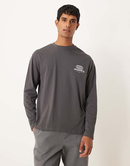 ASOS DESIGN Heavyweight Long Sleeve Relaxed T-shirt With Print In Charcoal