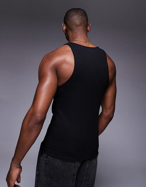 ASOS DESIGN Heavyweight Muscle Boxy High Neck Rib Vest In Black