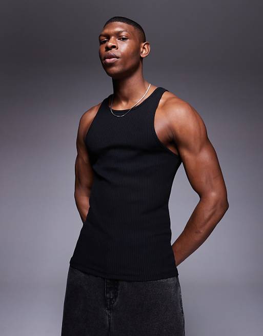 ASOS DESIGN heavyweight muscle boxy high neck rib vest in black