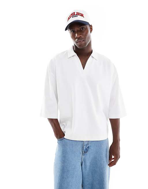 ASOS DESIGN heavyweight oversized boxy polo with half sleeve in white