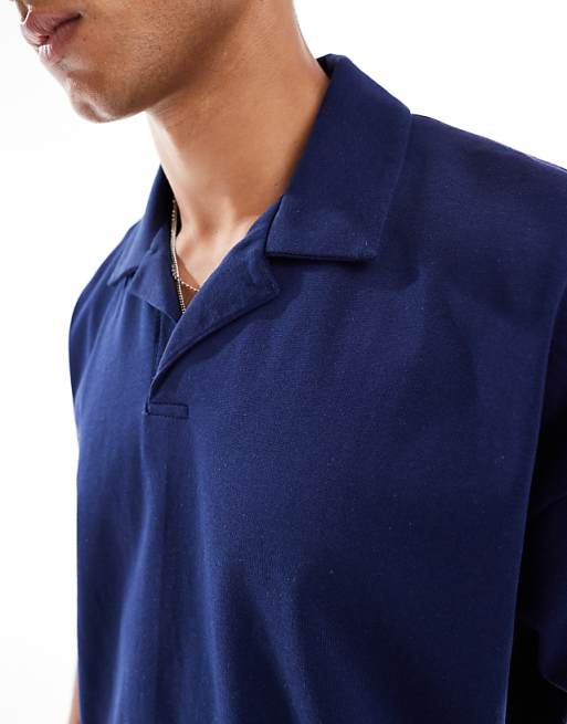 ASOS DESIGN Heavyweight Oversized Boxy Revere Polo In Navy