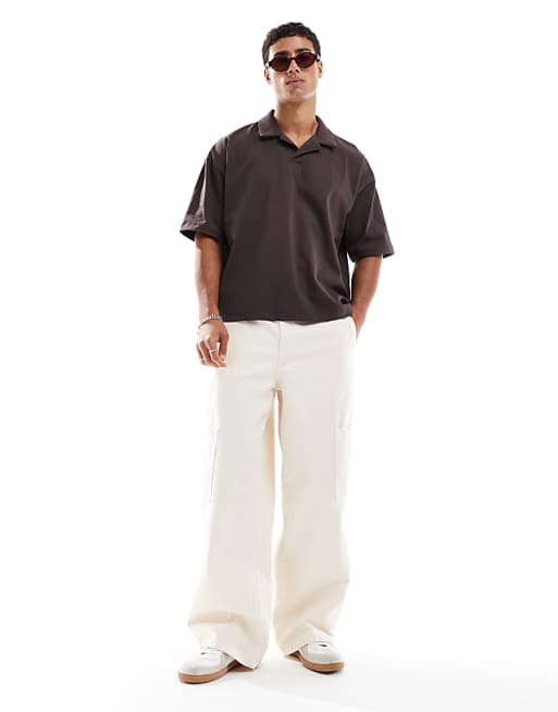 ASOS DESIGN Heavyweight Oversized Boxy Revere Polo In Brown