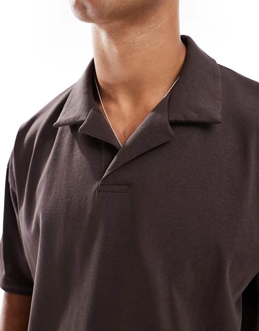 ASOS DESIGN Heavyweight Oversized Boxy Revere Polo In Brown