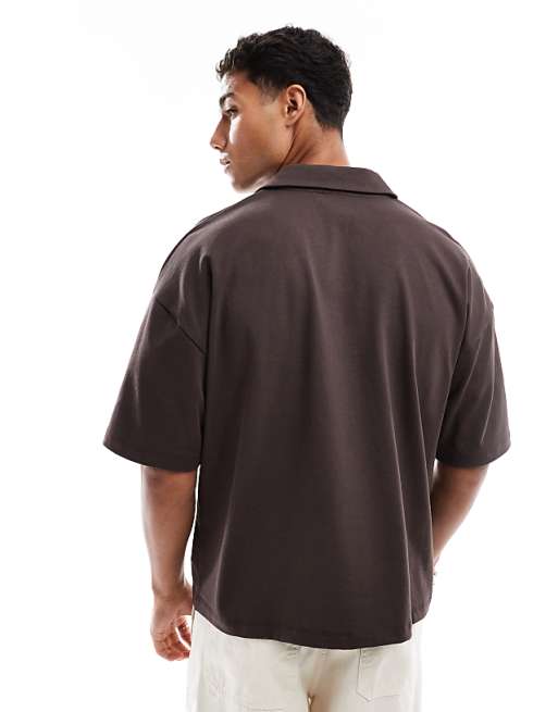 ASOS DESIGN Heavyweight Oversized Boxy Revere Polo In Brown